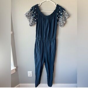 Abercrombie & Fitch blue linen blend embroidered smocked jumpsuit Women’s sz L